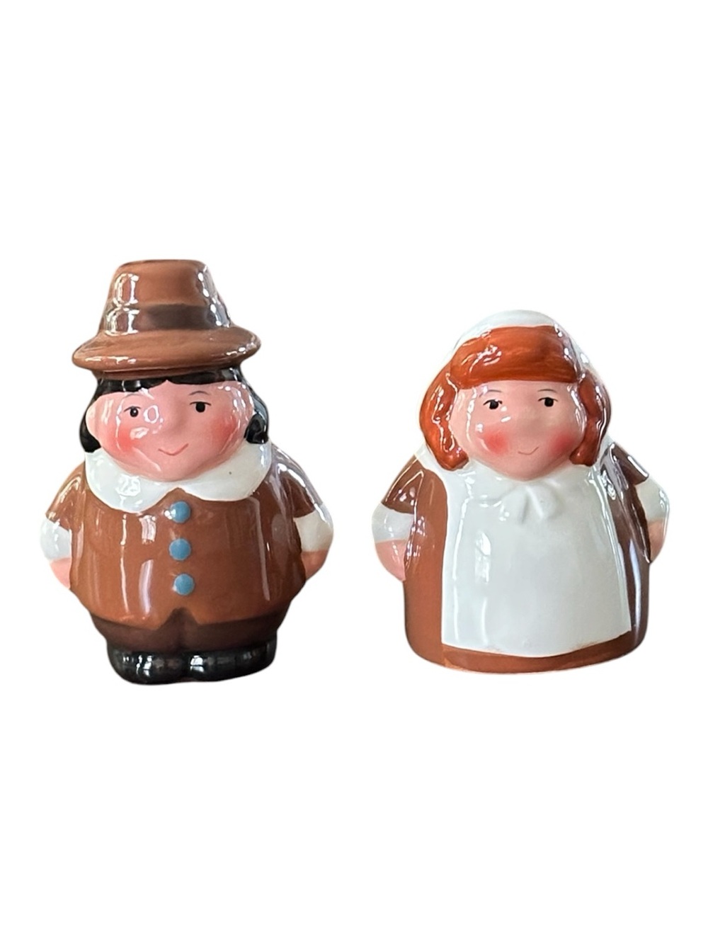 Brown Pilgrim Couple Ceramic Salt and Pepper Shakers - Thanksgiving Serveware
